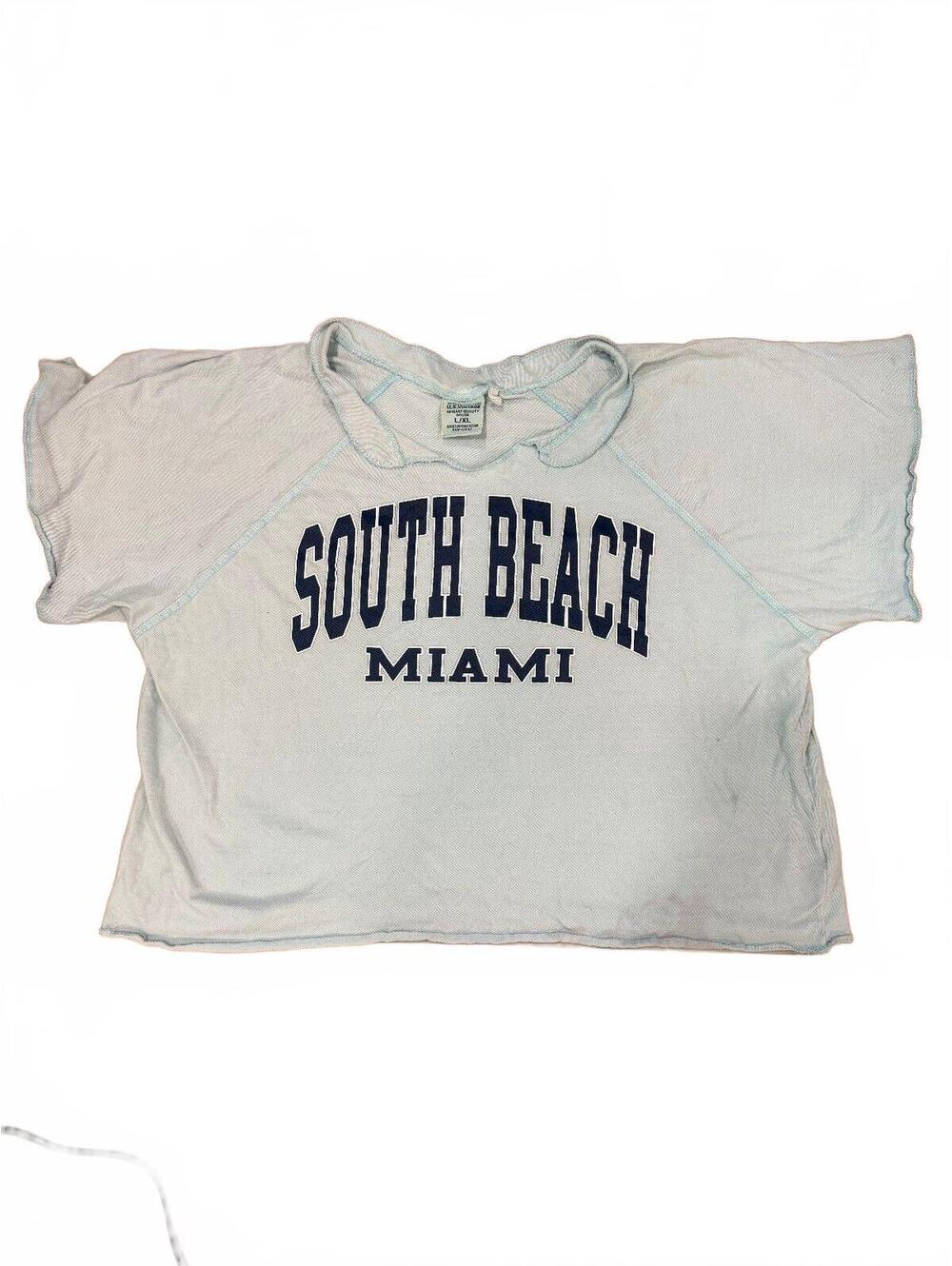 U.S. Vintage South Beach Miami T Shirt L/XL Blue Distressed Raw Hem Beach Tee